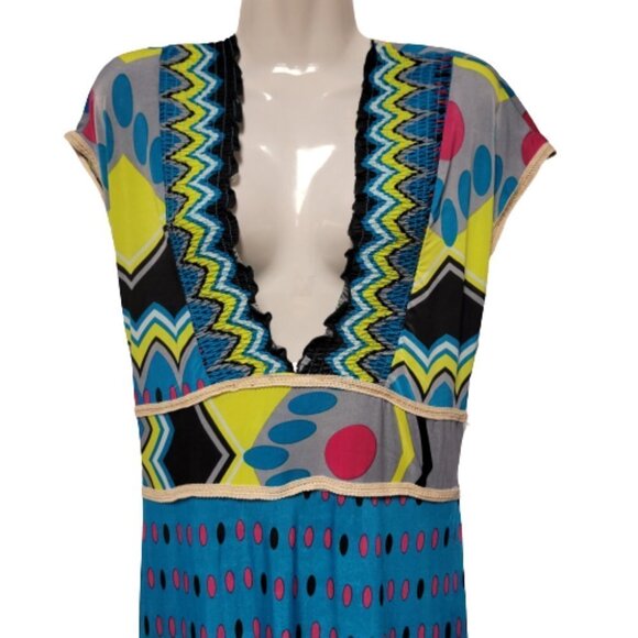 SUMMER Blue Maxi Cover up Abstract Print Cap Sleeve Casual Comfy Long Dress - Picture 4 of 12